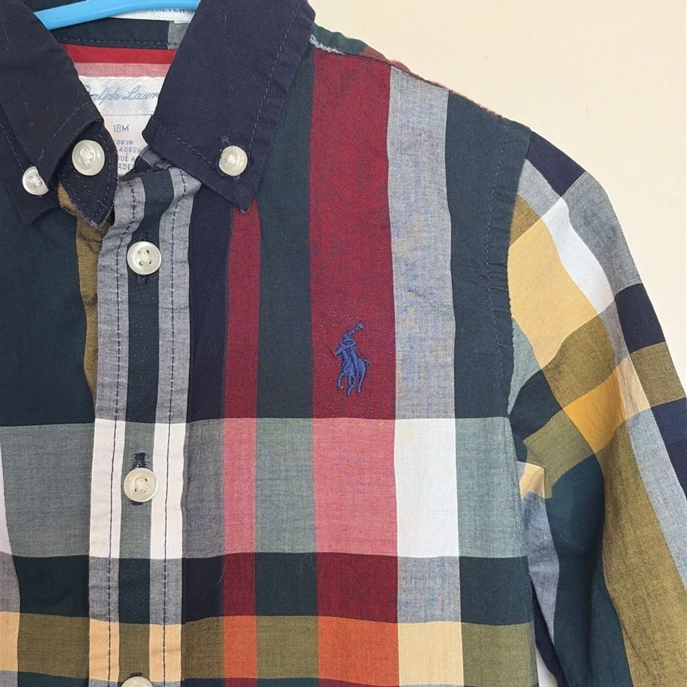 Ralph Lauren Multicolor Dark Plaid Natural Stretch Button Down Shirt Toddler 18M